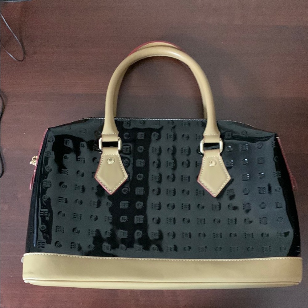 Arcadia Sophisticated patent Black and Tan Satchel with Textured Finish